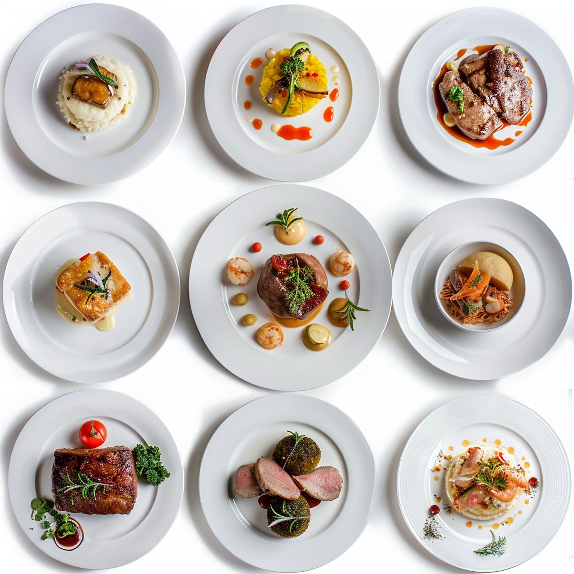 Selection of plated dishes on table